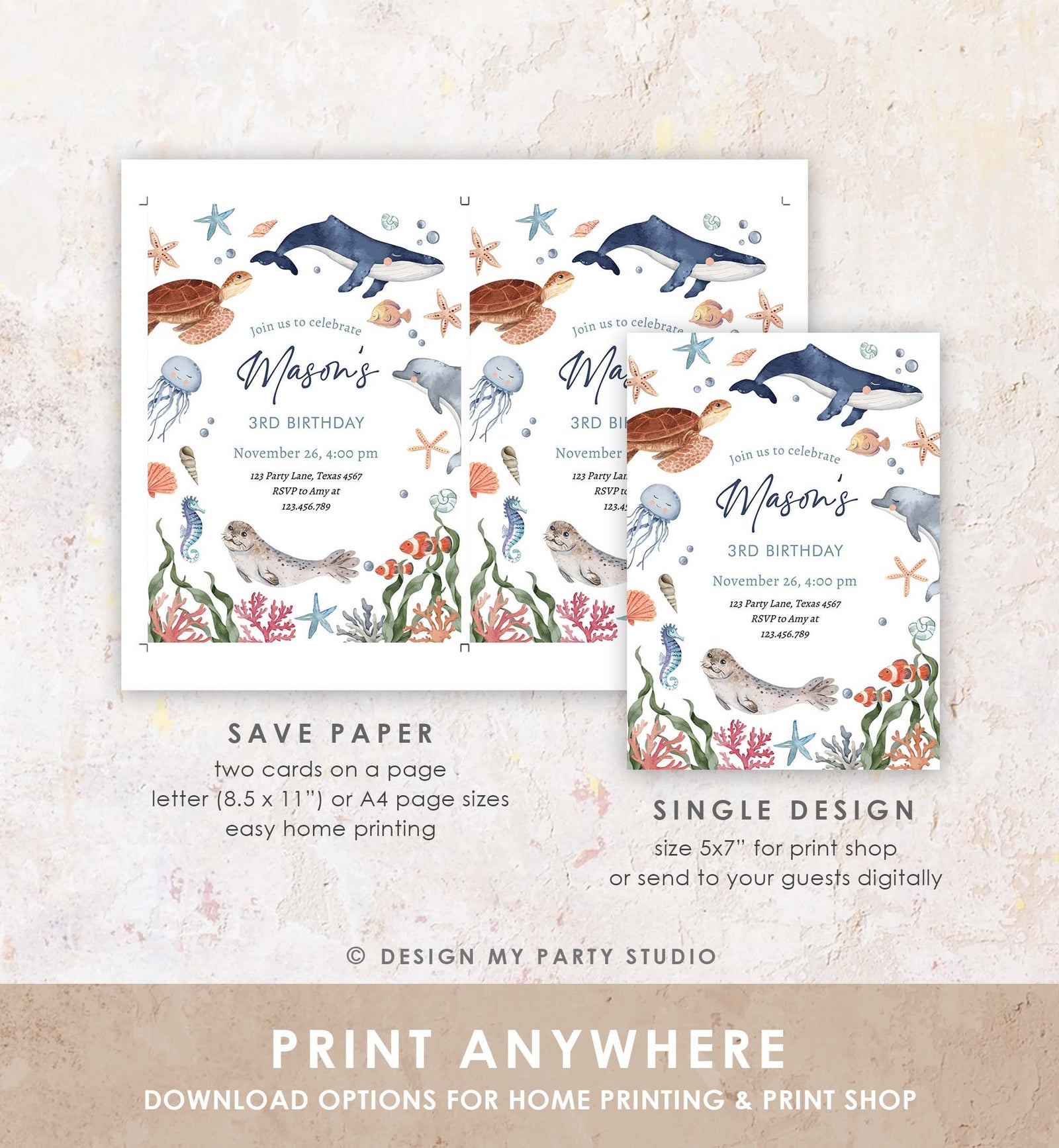 Editable Under The Sea Birthday Invitation Nautical Birthday Party Kids Sea Life Ocean Animals Digital Download Template Printable 0504