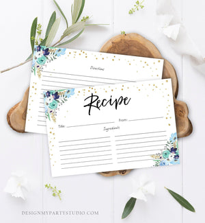 Editable Blue Floral Recipe Cards Travel Adventure Bridal Shower Traveling to Mrs Navy Gold Confetti Double Sided 4x6 Corjl Template 0030