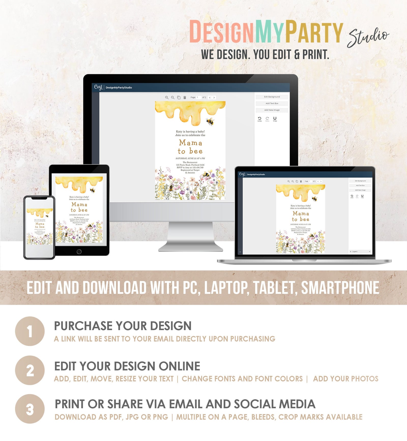 Editable Mama to Bee Invitation Wildflower Baby Shower Bee Honey Boho Mommy to Bee Summer Digital Download Evite Template Printable 0502