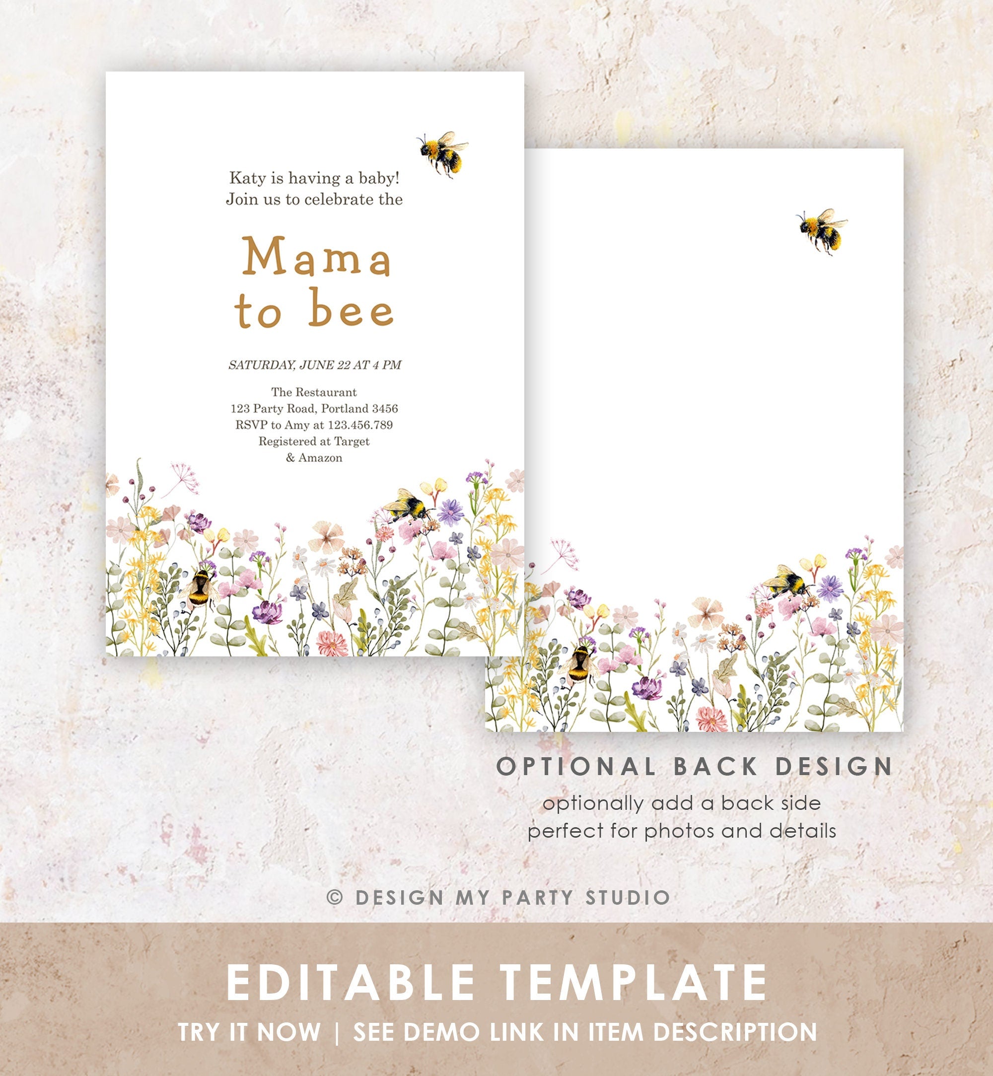 Editable Mama to Bee Invitation Wildflower Baby Shower Bee Honey Boho Mommy to Bee Summer Digital Download Evite Template Printable 0502