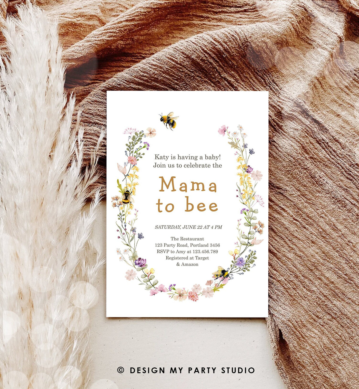 Editable Mama to Bee Invitation Wildflower Baby Shower Bee Honey Boho Mommy to Bee Summer Instant Download Template Digital Corjl 0502
