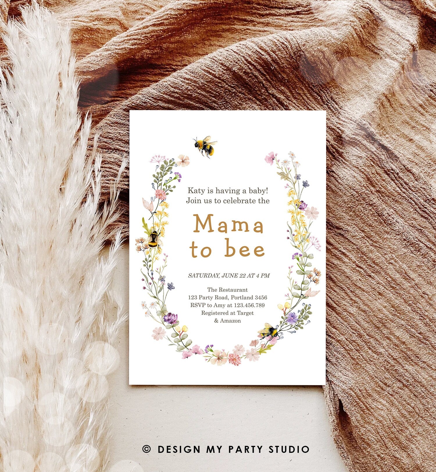 Editable Mama to Bee Invitation Wildflower Baby Shower Bee Honey Boho Mommy to Bee Summer Instant Download Template Digital Corjl 0502