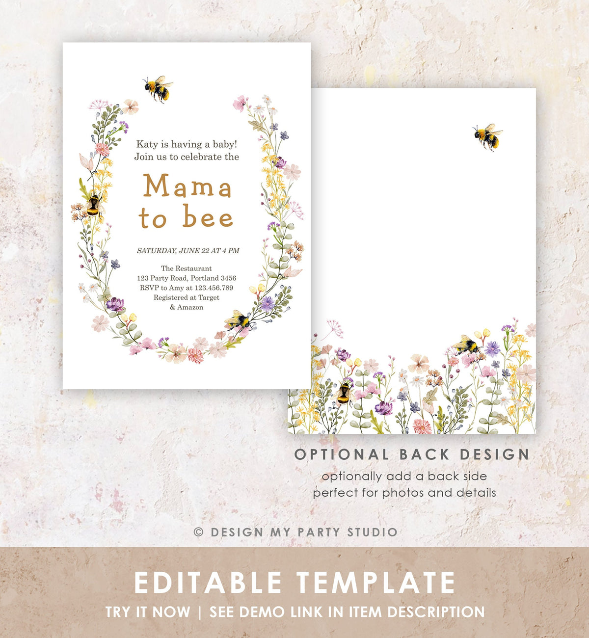 Editable Mama to Bee Invitation Wildflower Baby Shower Bee Honey Boho Mommy to Bee Summer Instant Download Template Digital Corjl 0502