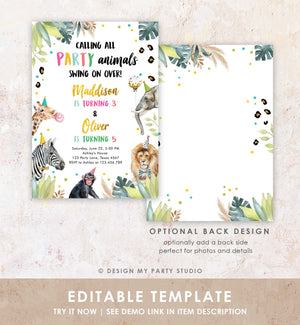 Editable Party Animals Joint Birthday Invitation Wild One Zoo Safari Animals Girl Boy Siblings Twins Download Corjl Template Printable 0417