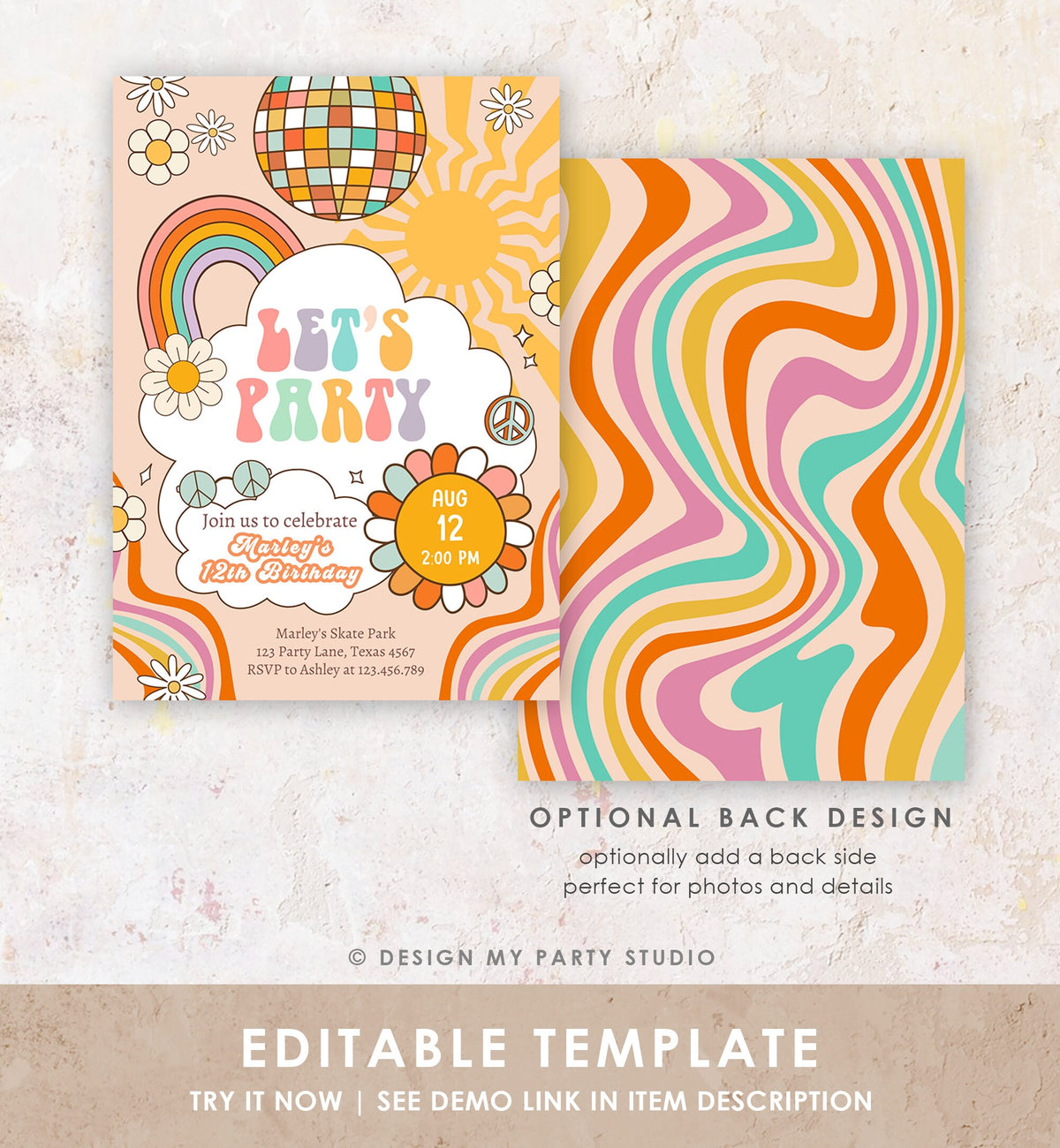Editable Groovy Birthday Party Invitation Let&#39;s Party Birthday Hippie Boho Retro Flower Power 70&#39;s Girl Download Template Corjl Digital 0459