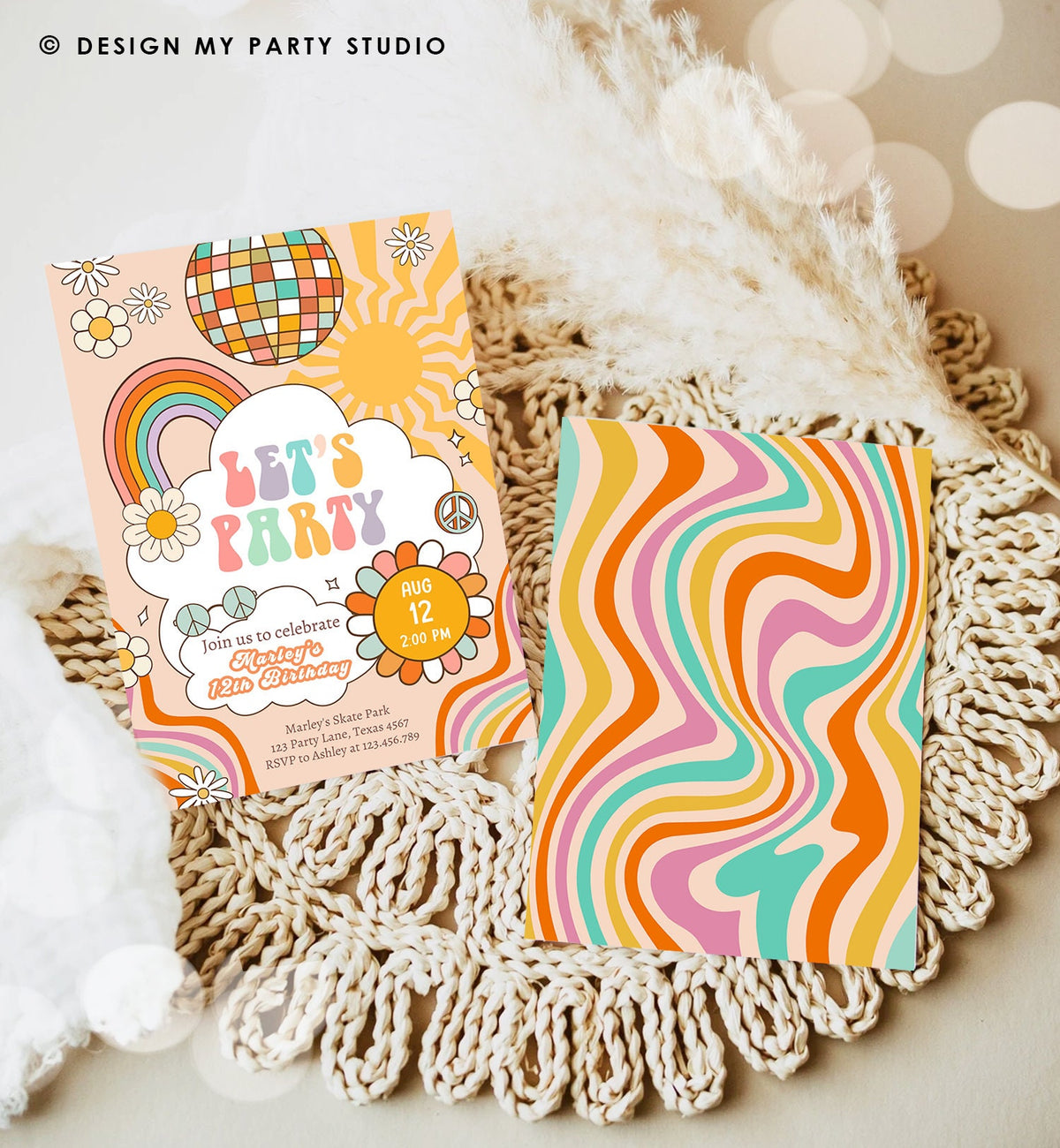 Editable Groovy Birthday Party Invitation Let&#39;s Party Birthday Hippie Boho Retro Flower Power 70&#39;s Girl Download Template Corjl Digital 0459