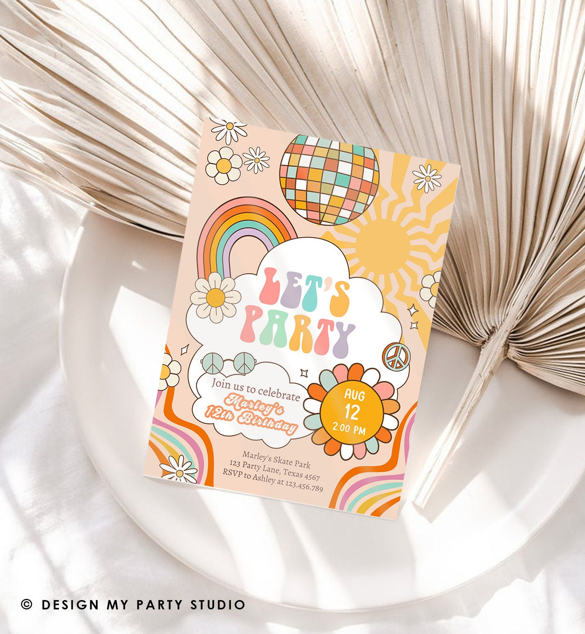 Editable Groovy Birthday Party Invitation Let&#39;s Party Birthday Hippie Boho Retro Flower Power 70&#39;s Girl Download Template Corjl Digital 0459