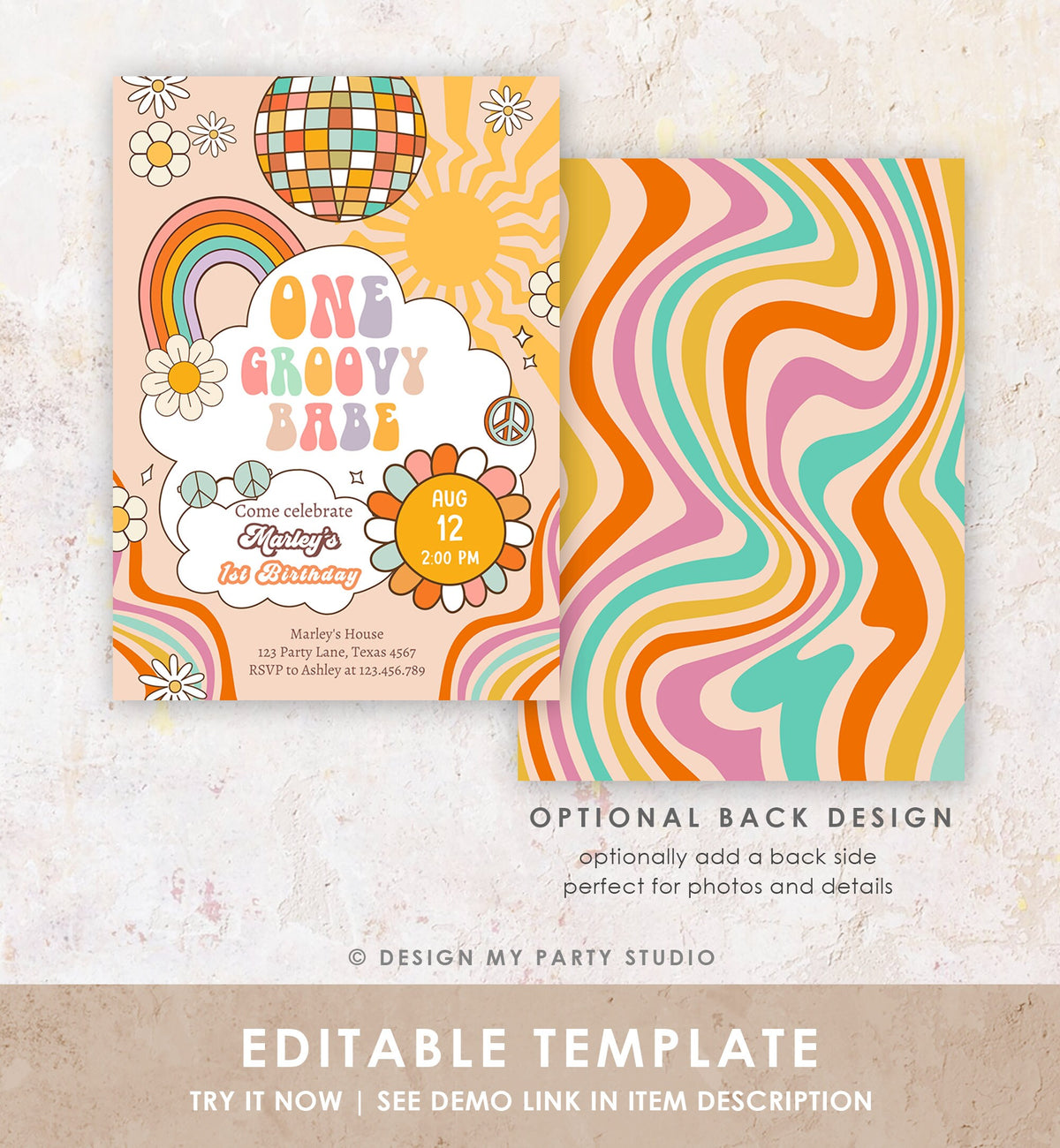 Editable Groovy One Retro 1st Birthday Invitation First Birthday One Groovy Babe Invite Peace Love Download Template Corjl Digital 0459