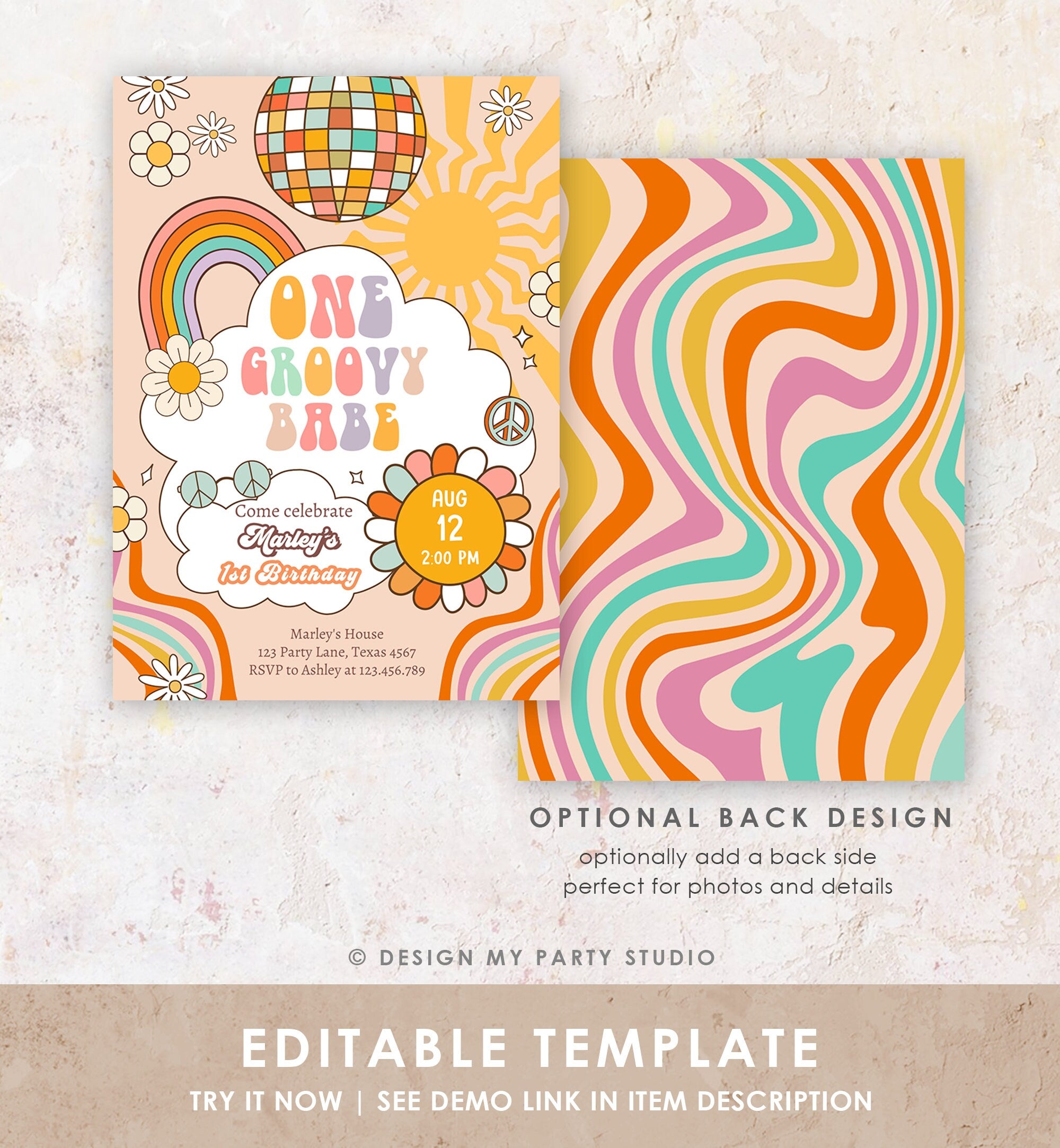 Editable Groovy One Retro 1st Birthday Invitation First Birthday One Groovy Babe Invite Peace Love Download Template Corjl Digital 0459