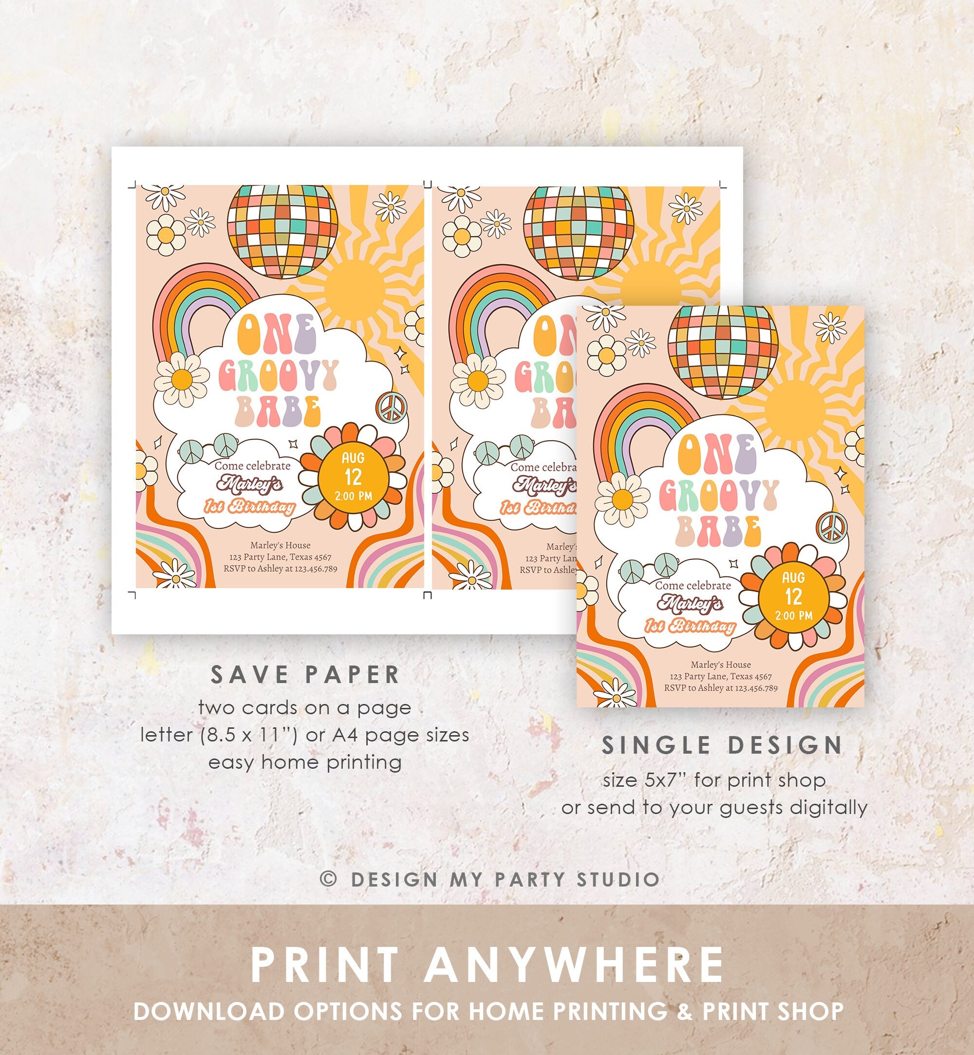 Editable Groovy One Retro 1st Birthday Invitation First Birthday One Groovy Babe Invite Peace Love Download Template Corjl Digital 0459