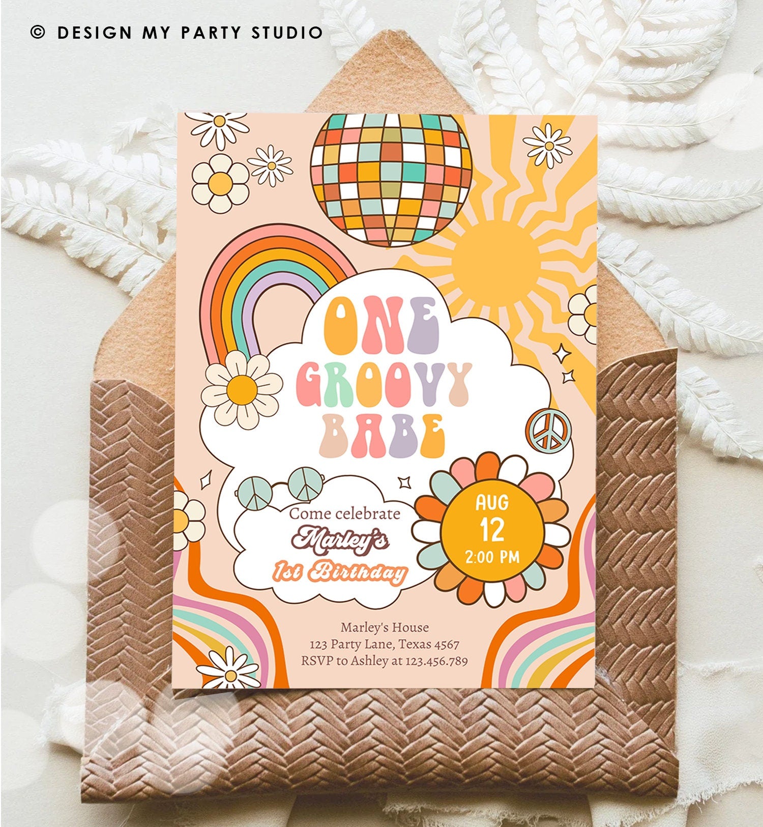 Editable Groovy One Retro 1st Birthday Invitation First Birthday One Groovy Babe Invite Peace Love Download Template Corjl Digital 0459