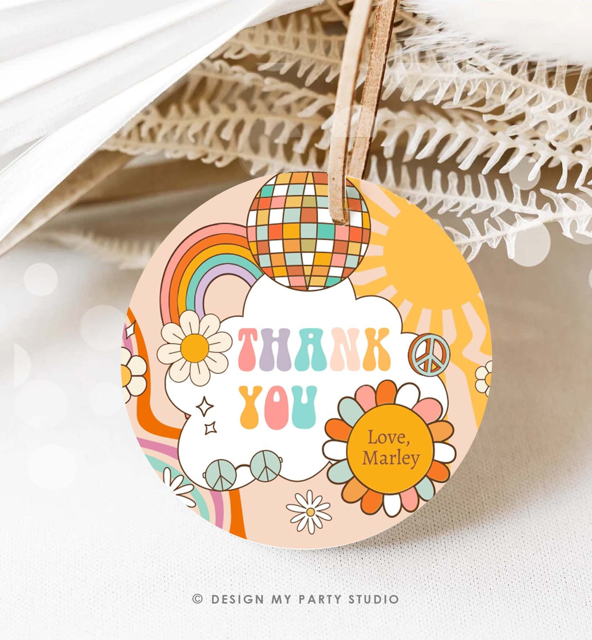 Editable Groovy Favor Tag Birthday Hippie Boho Retro Flower Power 70&#39;s Girl Thank You Stickers Skate Party Corjl Template Printable 0459