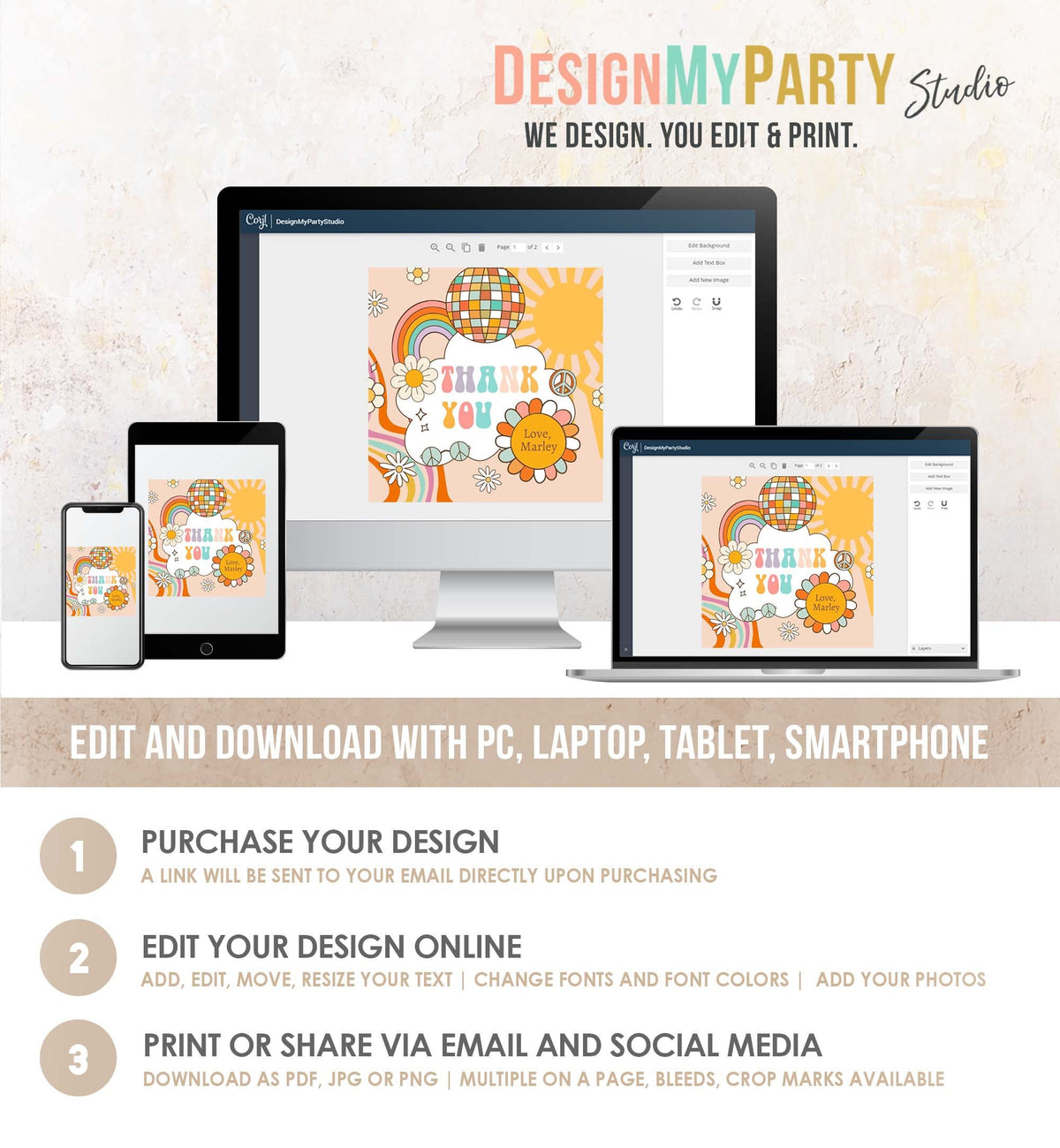 Editable Groovy Favor Tag Birthday Hippie Boho Retro Flower Power 70&#39;s Girl Thank You Stickers Skate Party Corjl Template Printable 0459