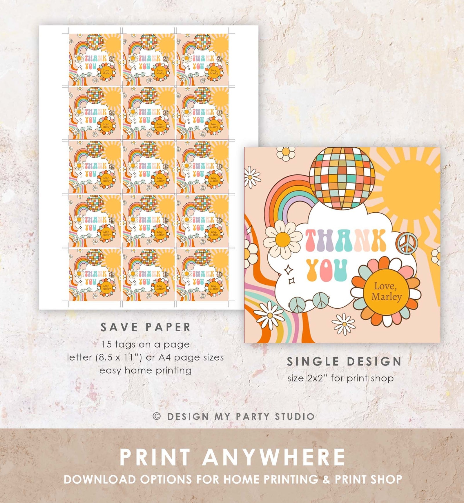 Editable Groovy Favor Tag Birthday Hippie Boho Retro Flower Power 70's Girl Thank You Stickers Skate Party Corjl Template Printable 0459
