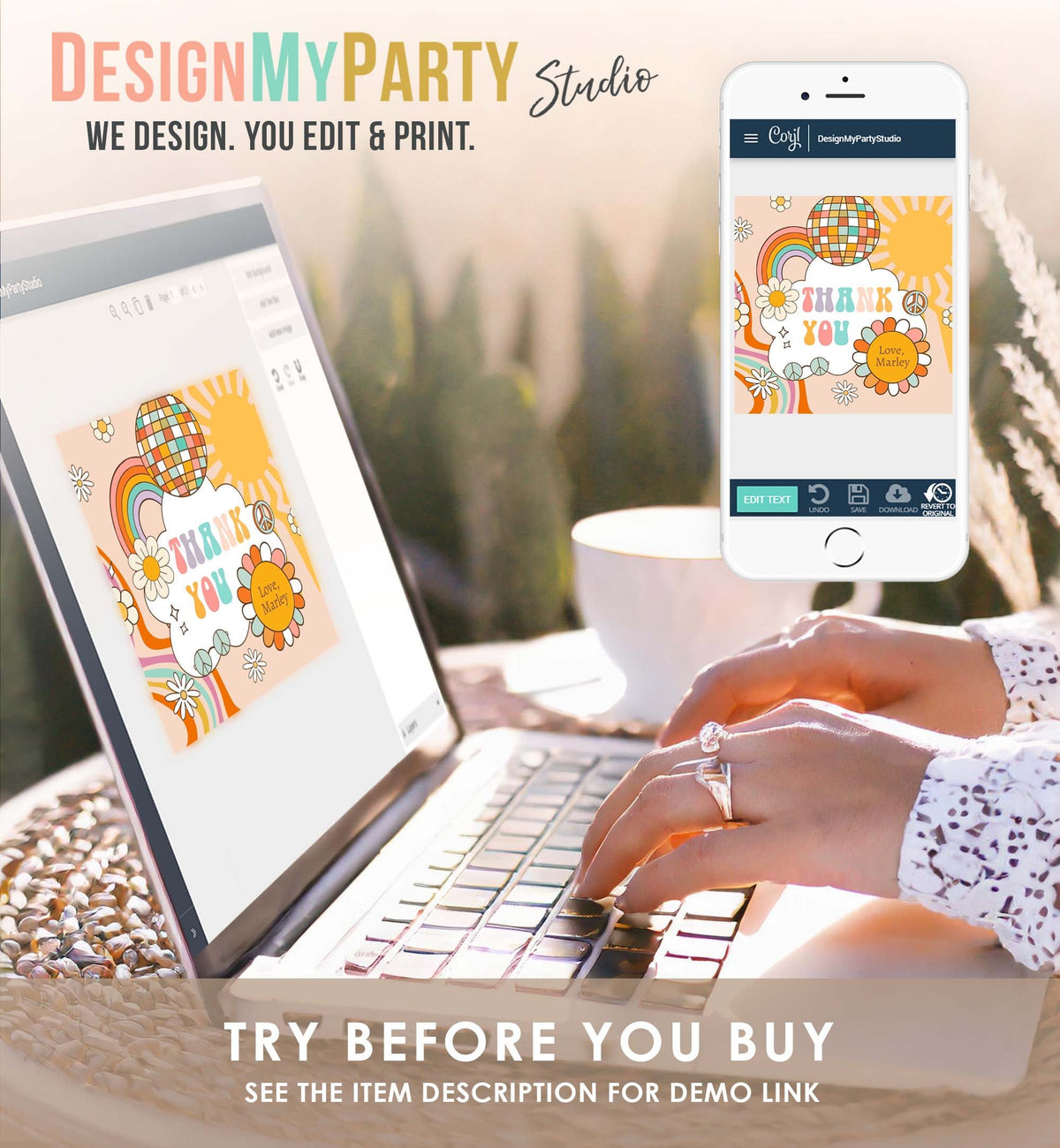 Editable Groovy Favor Tag Birthday Hippie Boho Retro Flower Power 70&#39;s Girl Thank You Stickers Skate Party Corjl Template Printable 0459