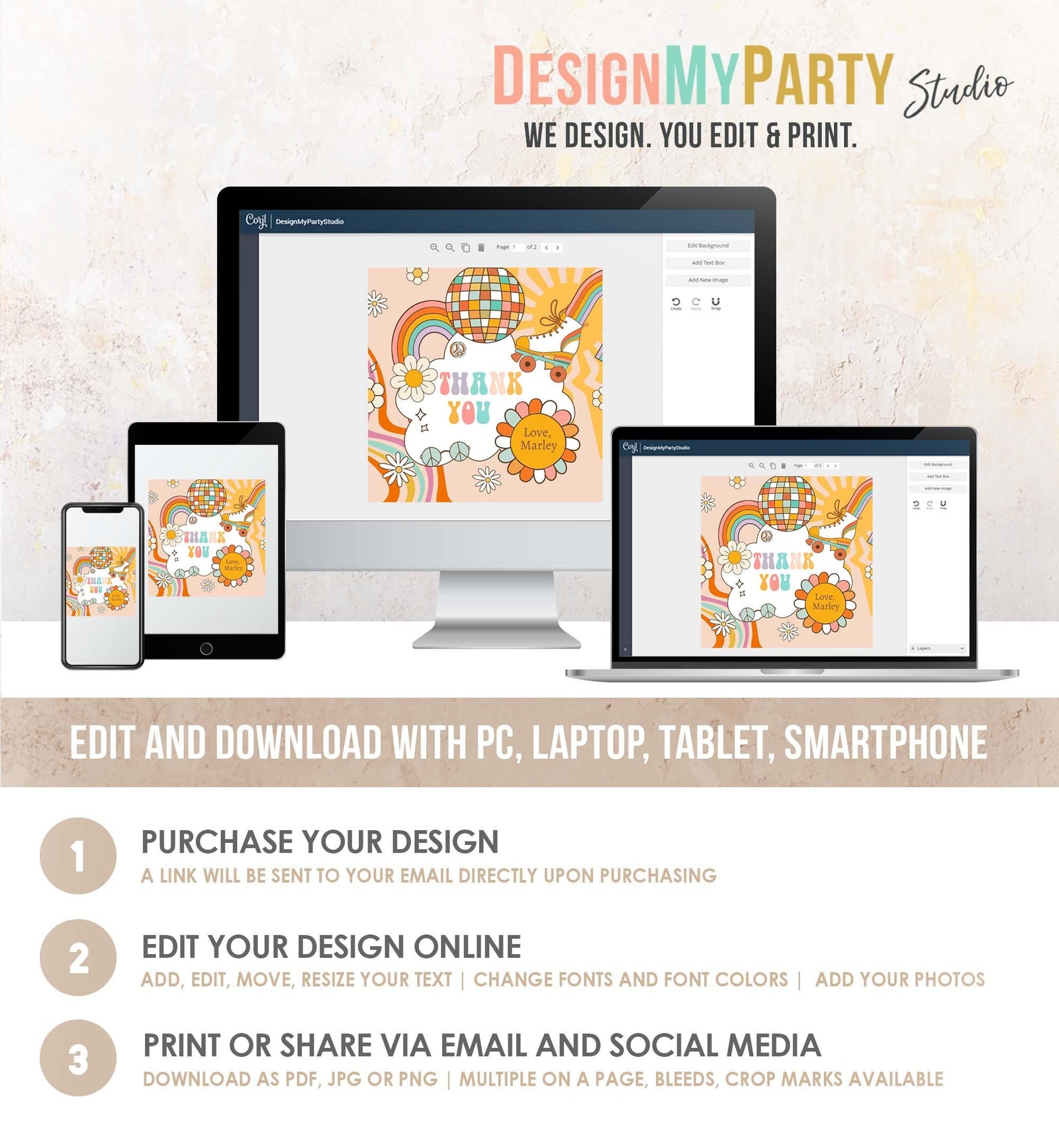 Editable Groovy Roller Skate Birthday Favor Tag Retro Birthday Hippie Floral 70's Girl Thank You Sticker Digital Template Printable 0459