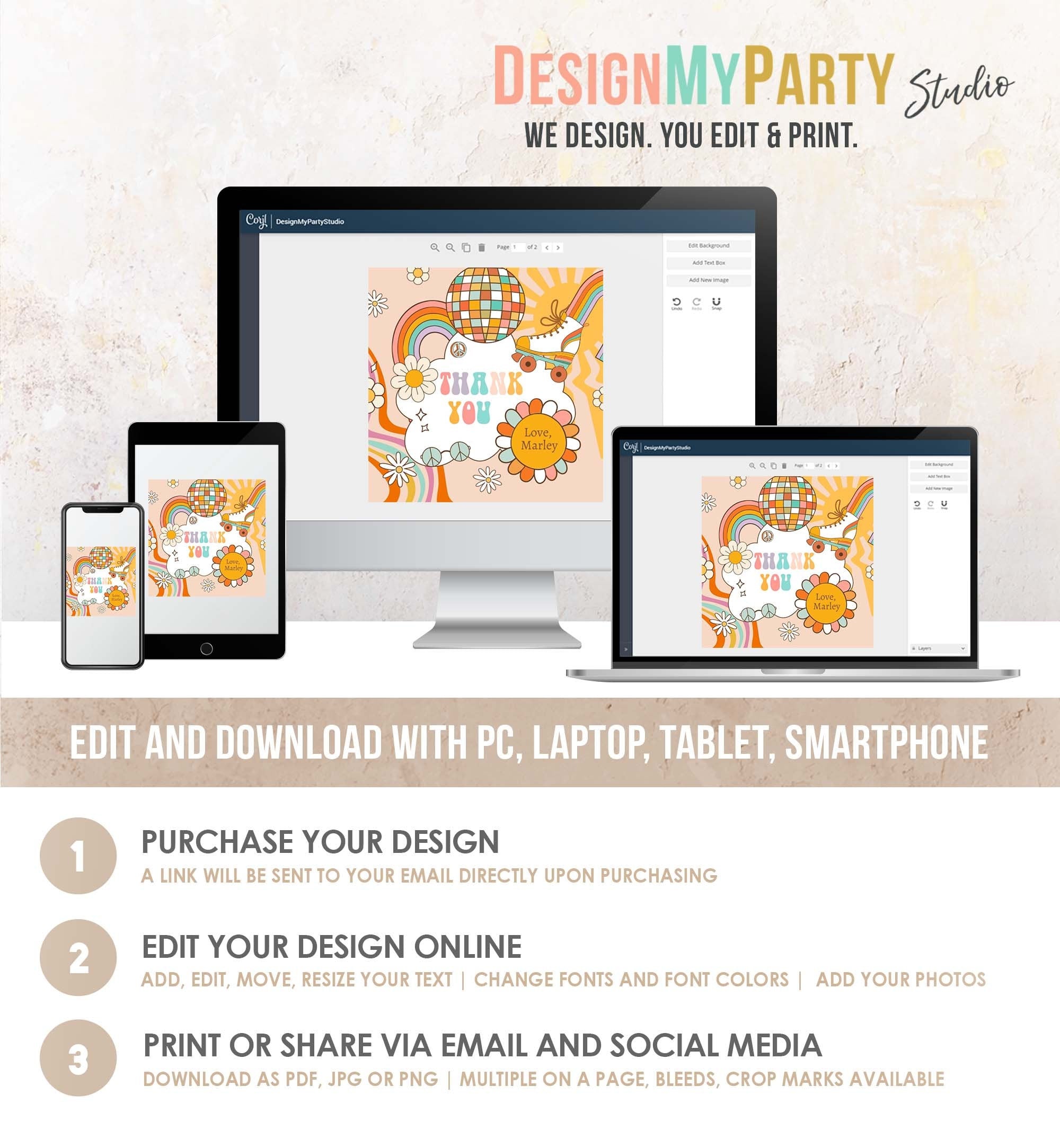 Editable Groovy Roller Skate Birthday Favor Tag Retro Birthday Hippie Floral 70's Girl Thank You Sticker Digital Template Printable 0459