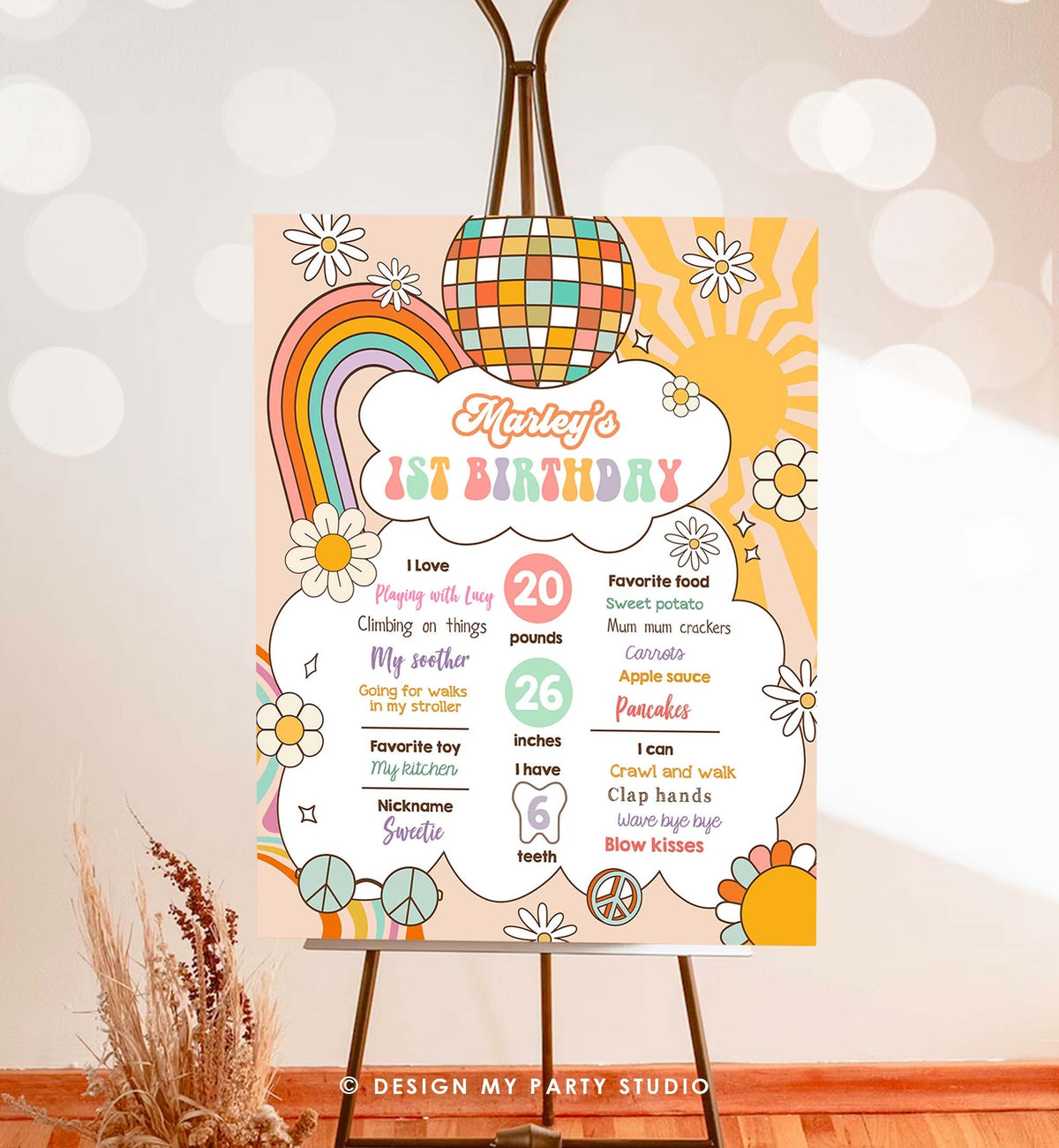 Editable Retro Groovy Birthday Milestones Sign Girl 1st First Birthday Hippie Flower Power 70&#39;s Boho Download Corjl Template Printable 0459