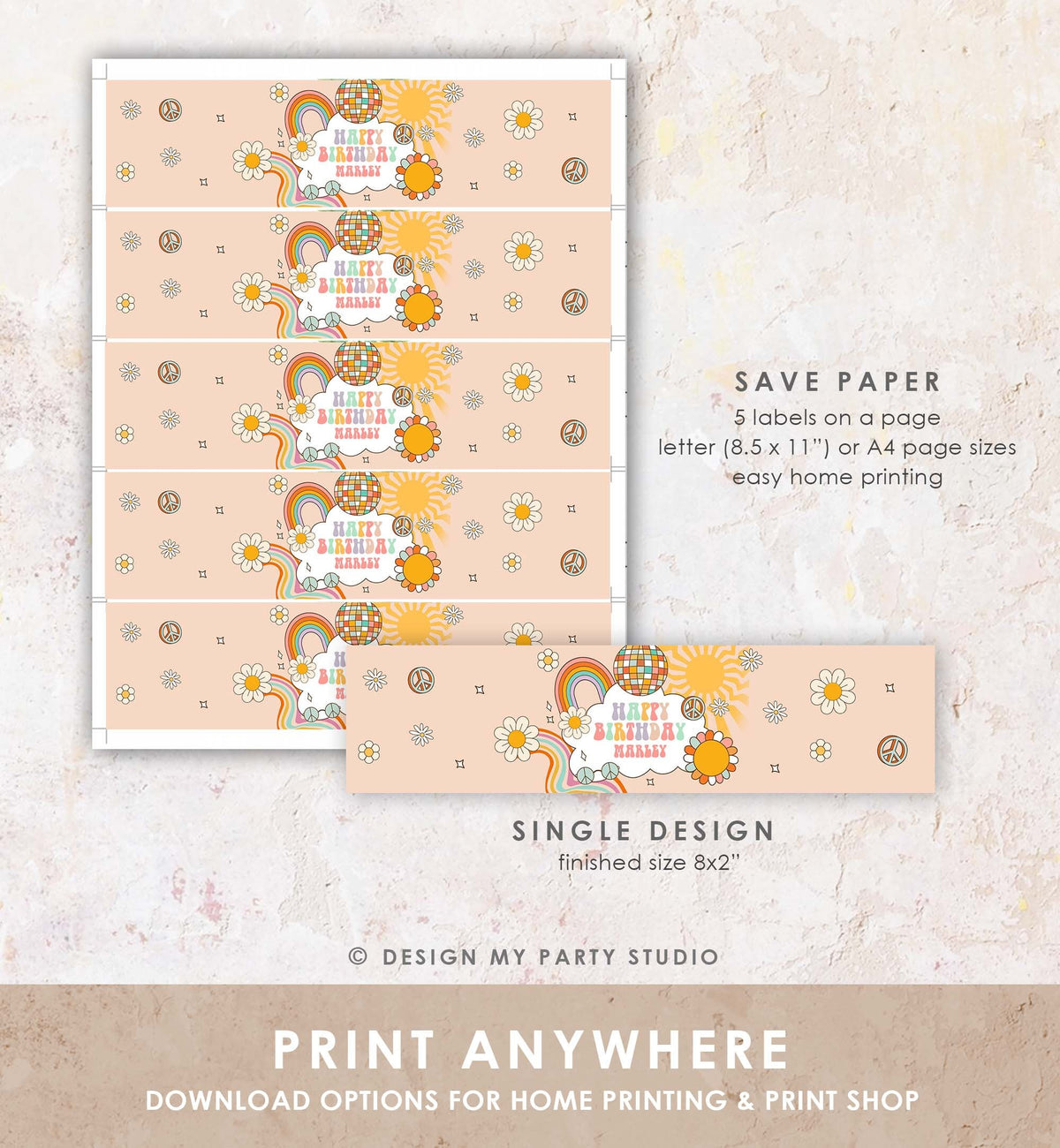 Editable Retro Groovy Water Bottle Label Boy Boho Hippie 70&#39;s Party Flower Power Peace Love Girl Download Template Corjl Printable 0459