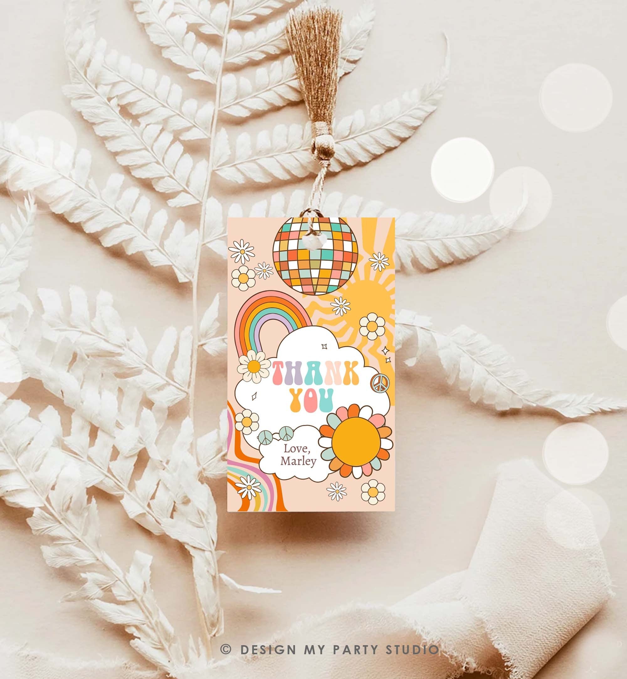 Editable Groovy Retro Favor Tag Roller Skate Birthday Thank You Tags Girl Retro 70's Party Flower Power Hippie Printable Corjl Template 0459
