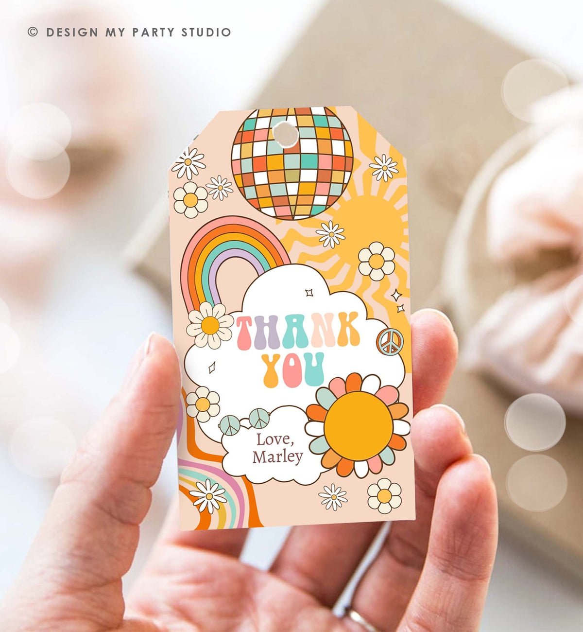 Editable Groovy Retro Favor Tag Roller Skate Birthday Thank You Tags Girl Retro 70&#39;s Party Flower Power Hippie Printable Corjl Template 0459