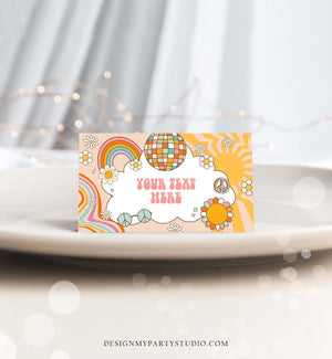 Editable Retro Groovy Food Labels Boho Birthday Place Card Tent Card Buffet Card Girl Hippie Flower Power Decor Corjl Template 0459