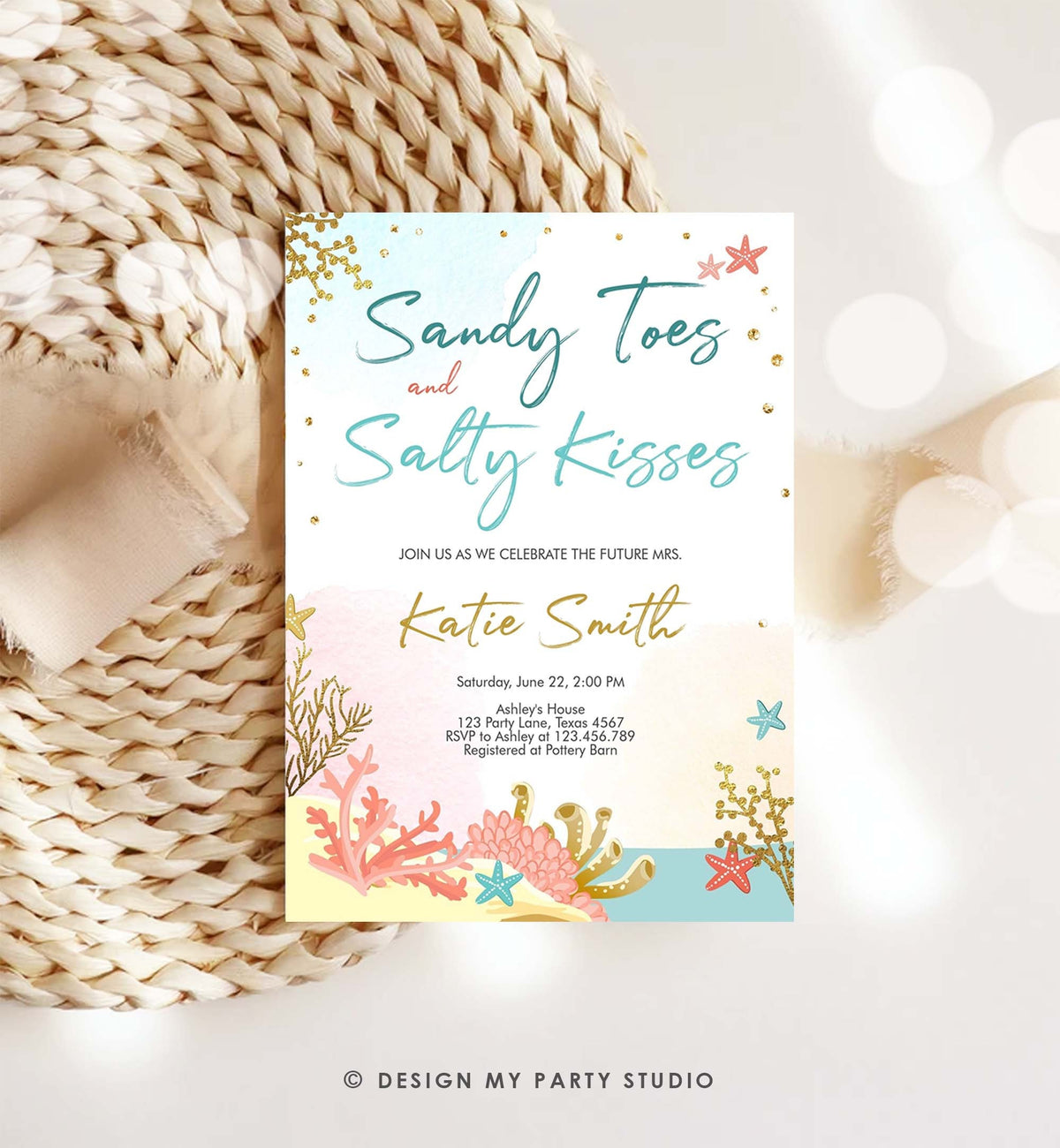 Editable Beach Theme Bridal Shower Invitation Sandy Toes and Salty Kisses Nautical Gold Coral Download Printable Template Corjl 0129