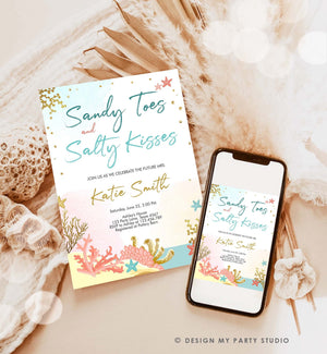 Editable Beach Theme Bridal Shower Invitation Sandy Toes and Salty Kisses Nautical Gold Coral Download Printable Template Corjl 0129