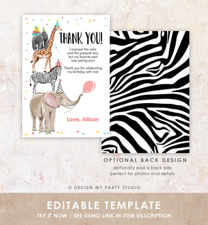 Editable Thank You Card Party Animals Thank you Note Wild Safari Animals Girl Jungle Zoo Download Printable Template Digital Corjl 0142