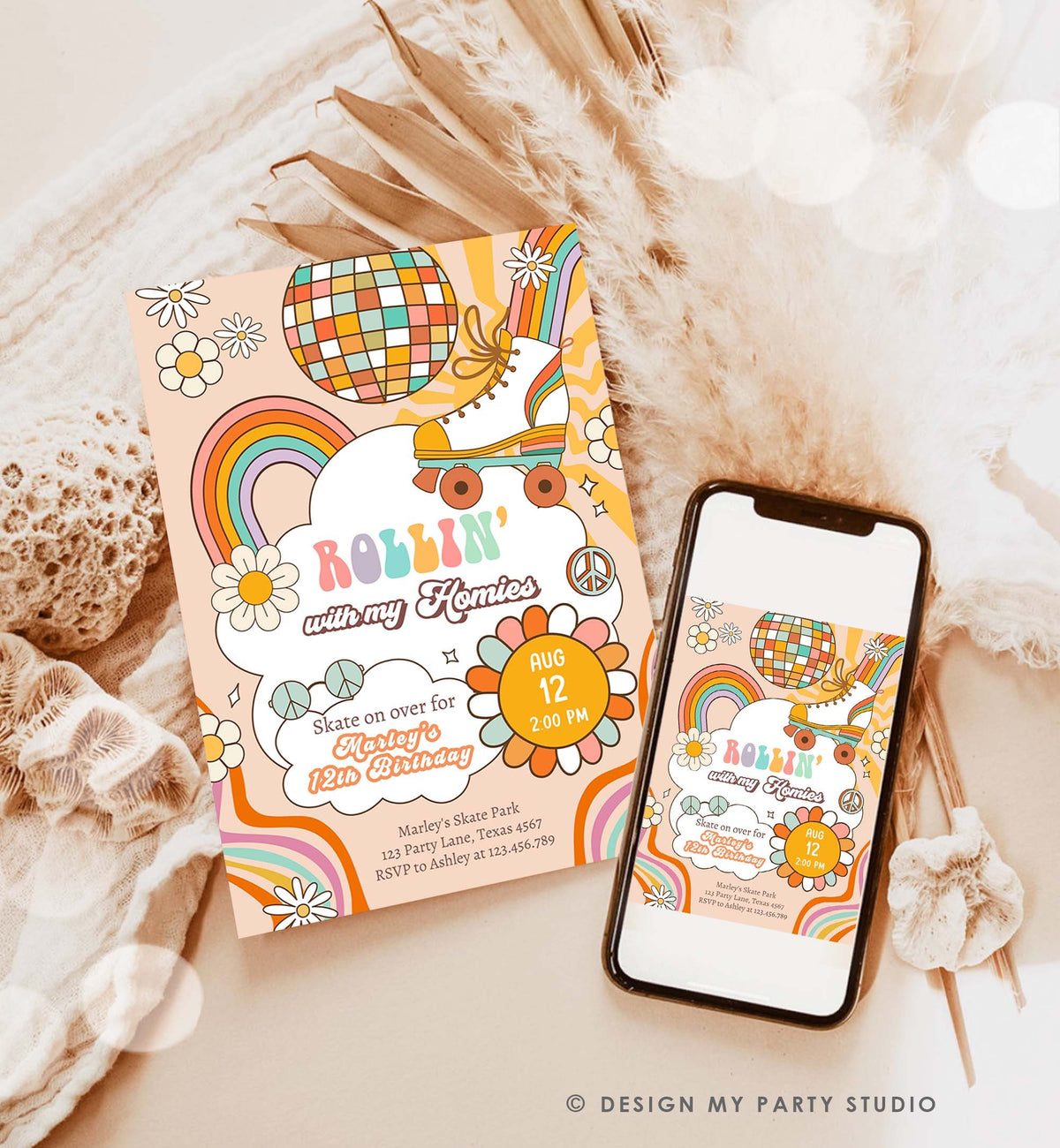 Editable Retro Roller Skate Birthday Party Invitation Let&#39;s Roll Skating Kids Rainbow 70&#39;s Skate Invite Download Template Corjl Digital 0459