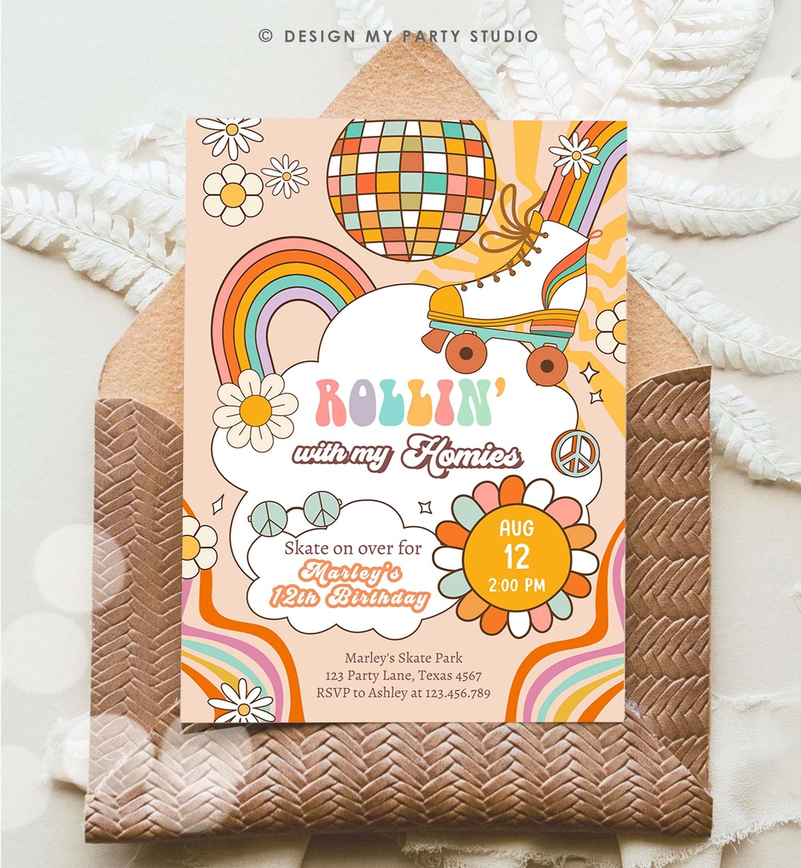 Editable Retro Roller Skate Birthday Party Invitation Let's Roll Skating Kids Rainbow 70's Skate Invite Download Template Corjl Digital 0459