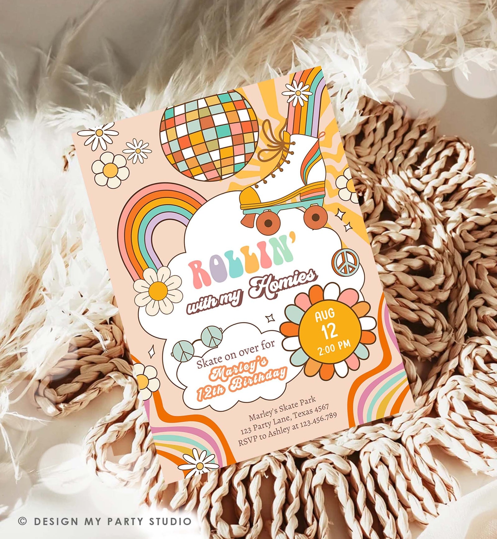 Editable Retro Roller Skate Birthday Party Invitation Let's Roll Skating Kids Rainbow 70's Skate Invite Download Template Corjl Digital 0459
