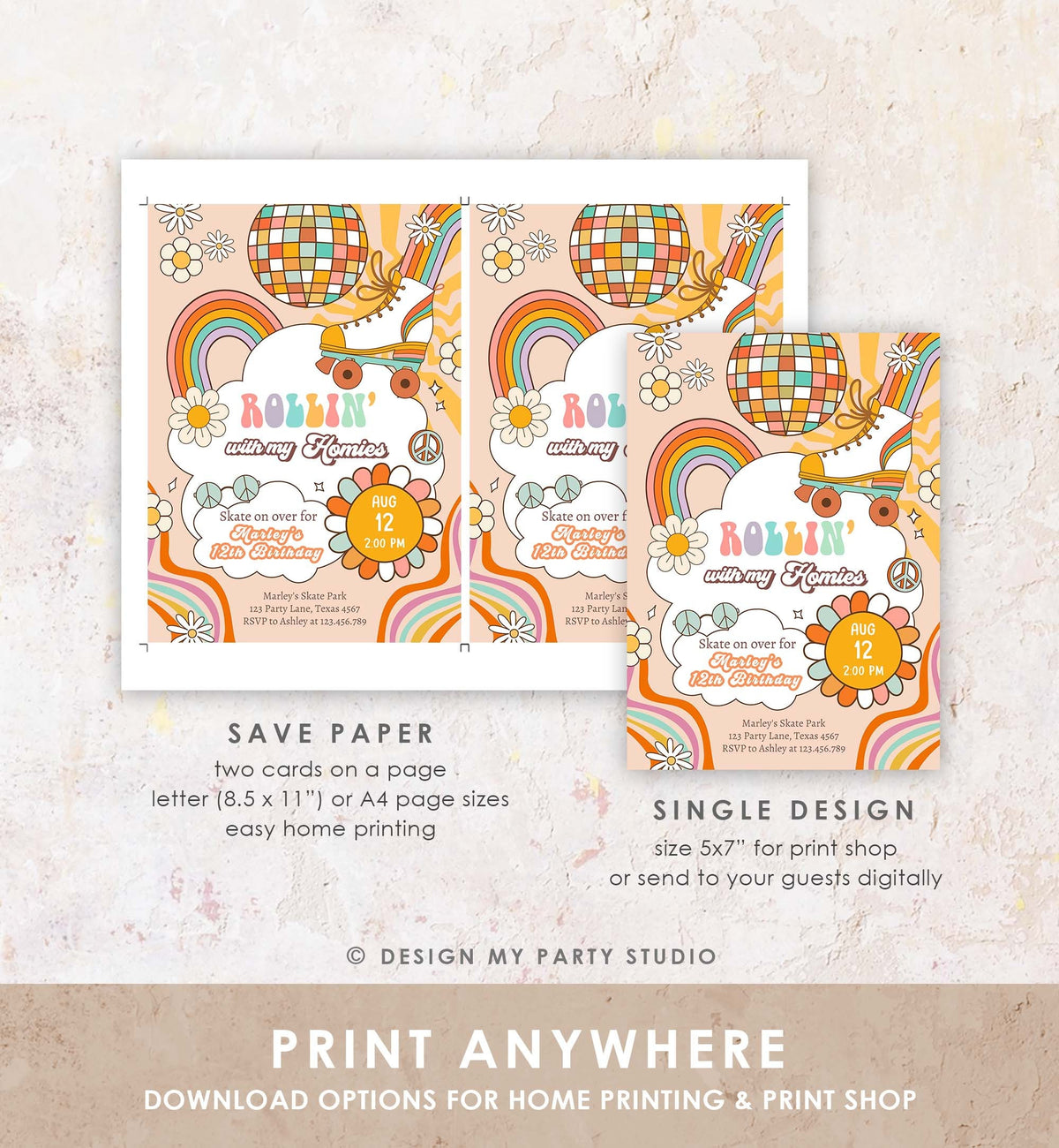 Editable Retro Roller Skate Birthday Party Invitation Let&#39;s Roll Skating Kids Rainbow 70&#39;s Skate Invite Download Template Corjl Digital 0459