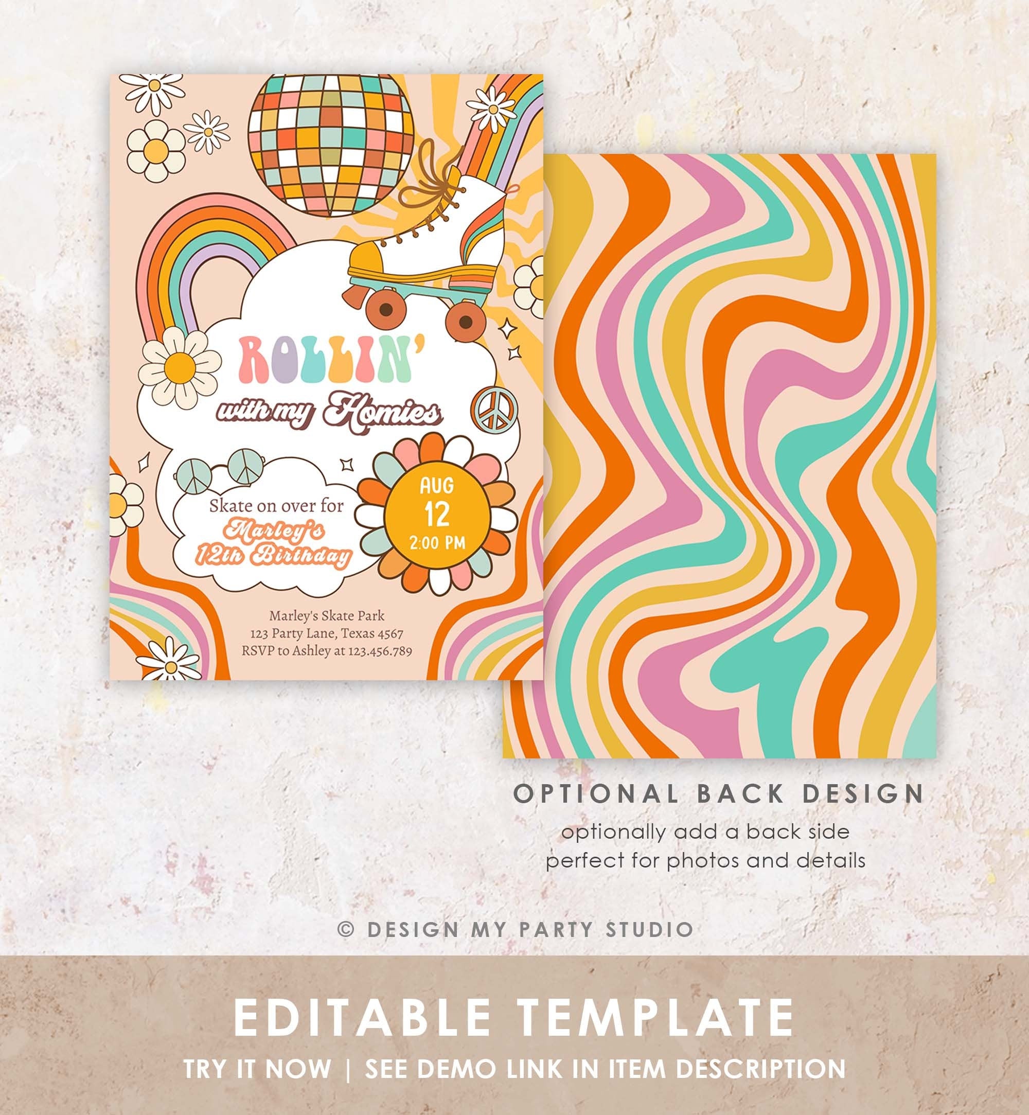 Editable Retro Roller Skate Birthday Party Invitation Let's Roll Skating Kids Rainbow 70's Skate Invite Download Template Corjl Digital 0459