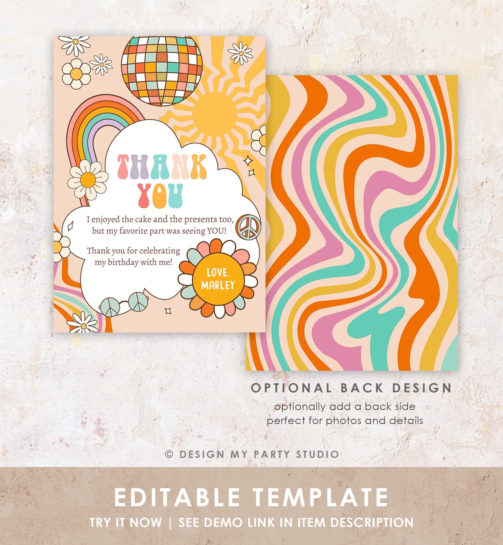 Editable Groovy Birthday Thank You Card Groovy Baby Shower Two Groovy One Boho Retro 70s Daisy Download Template Corjl Printable 0459