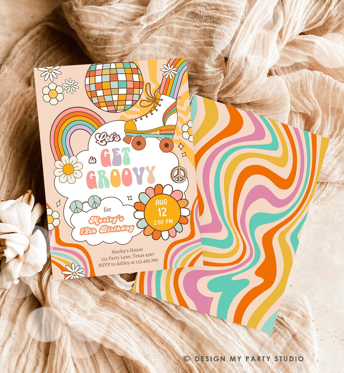 Editable Get Groovy Retro Roller Skate Birthday Party Invitation Let&#39;s Roll Skating Rainbow 70&#39;s Digital Download Template Printable 0459