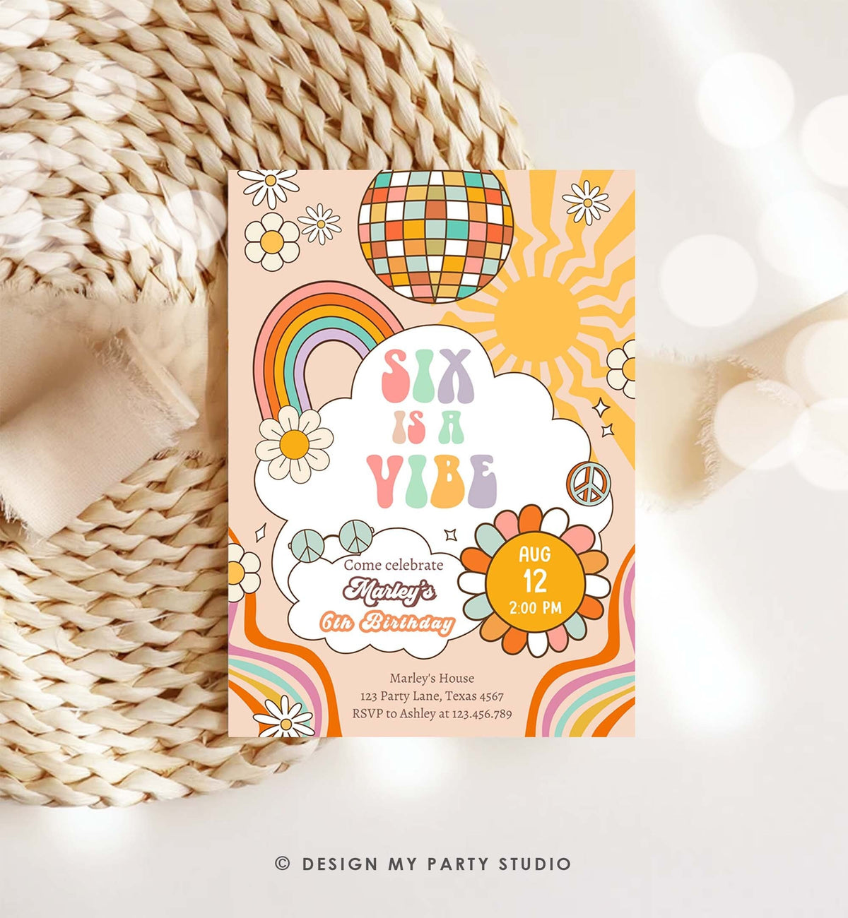 Editable Six Is A Vibe Groovy Birthday Invitation 6th Birthday Retro Invite Rainbow Peace Love Party Download Template Corjl Digital 0459