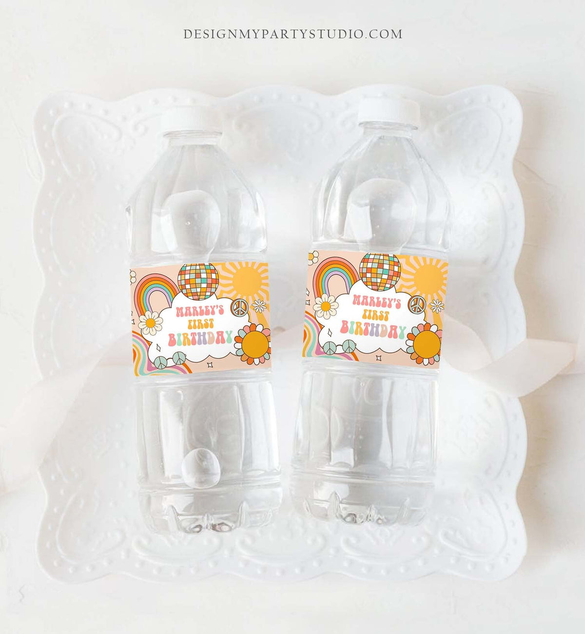 Editable Retro Groovy Water Bottle Label Boy Boho Hippie 70&#39;s Party Flower Power Peace Love Girl Digital Download Template Printable 0459