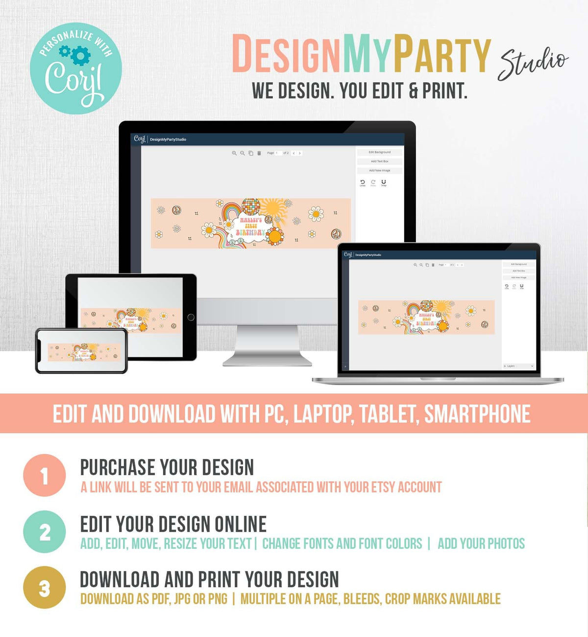 Editable Retro Groovy Water Bottle Label Boy Boho Hippie 70&#39;s Party Flower Power Peace Love Girl Digital Download Template Printable 0459