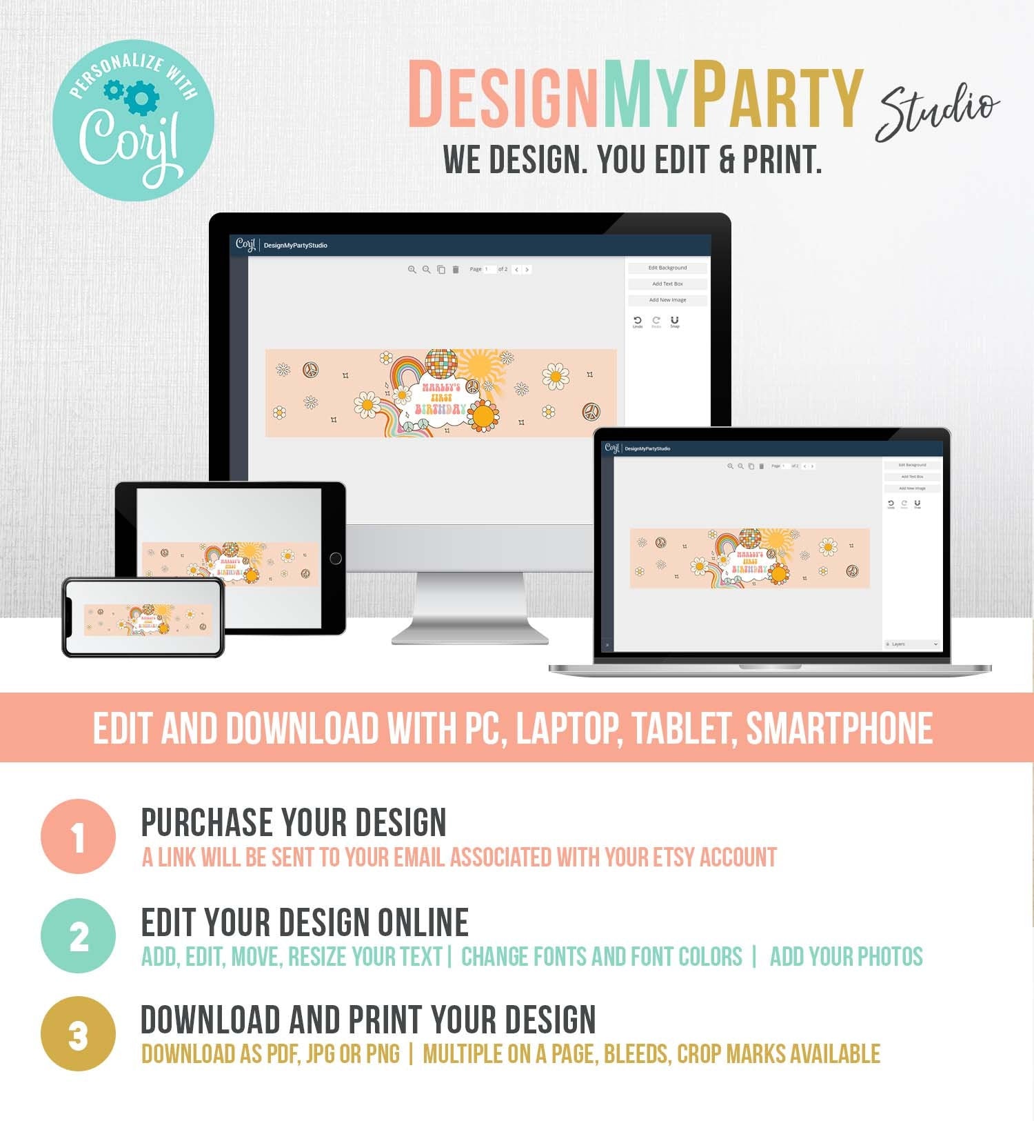 Editable Retro Groovy Water Bottle Label Boy Boho Hippie 70's Party Flower Power Peace Love Girl Digital Download Template Printable 0459