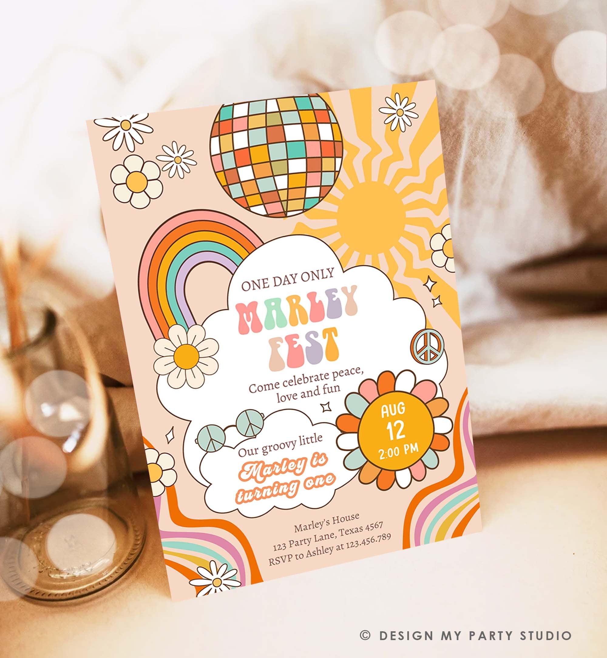 Editable Groovy Fest Retro Boho Birthday Invitation First Birthday One Two Groovy Invite Peace Love Download Template Corjl Digital 0459