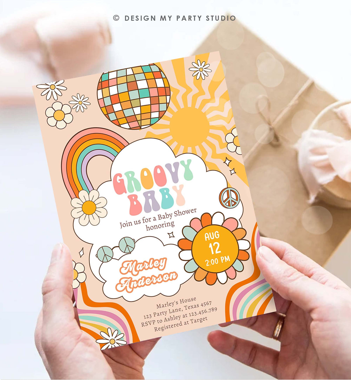 Editable Groovy Baby Retro Baby Shower Invitation Boho Flower Power Hippie 70&#39;s Party Peace Love Download Template Corjl Digital 0459