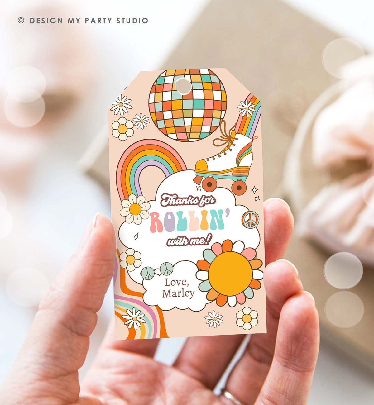 Editable Roller Skate Favor Tag Groovy Retro Birthday Thank You Tags Girl Retro 70&#39;s Party Flower Power Hippie Printable Corjl Template 0459