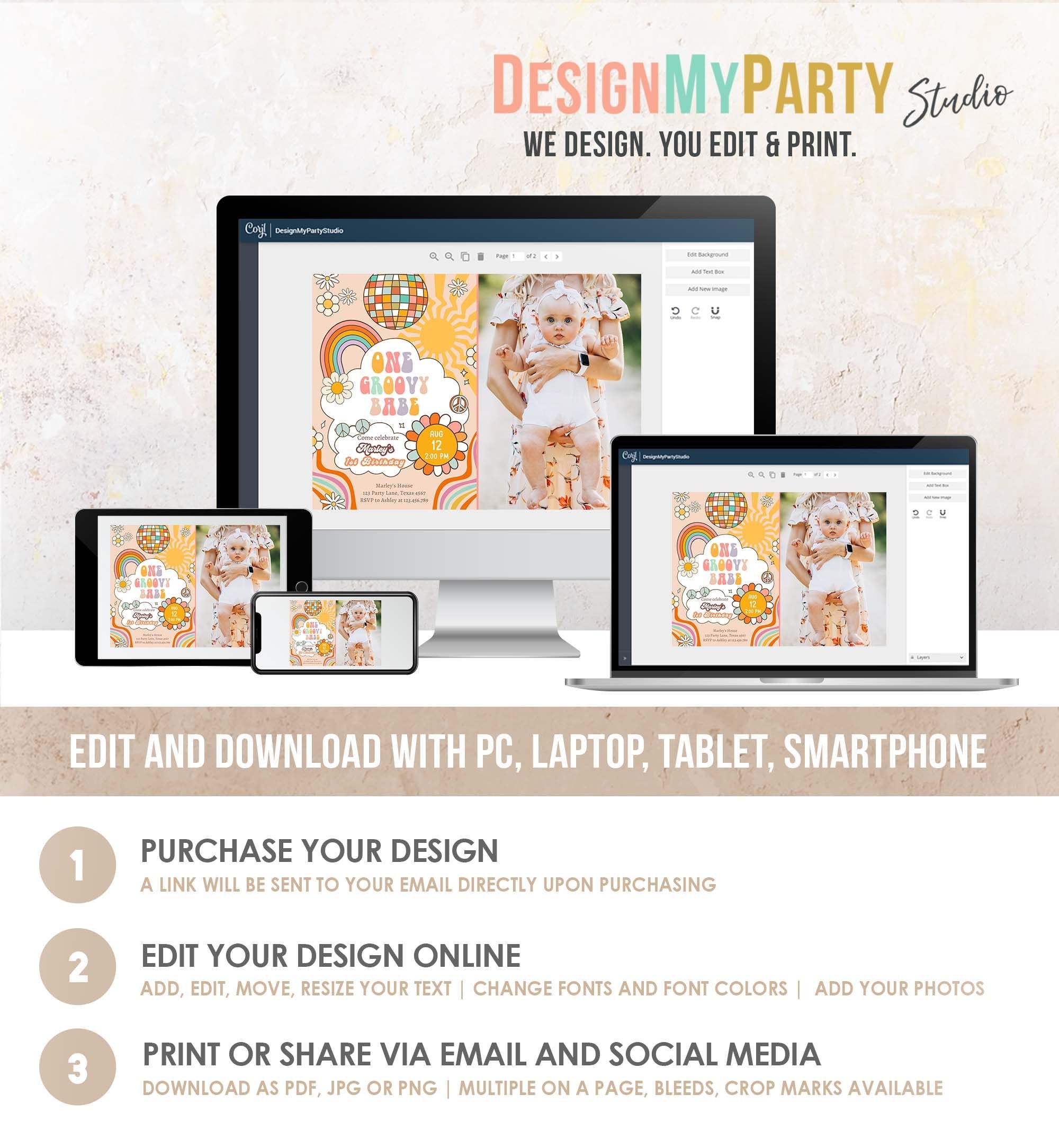 Editable Groovy One Retro 1st Birthday Invitation First Birthday One Groovy Babe Peace Love Digital Download Evite Template Printable 0459