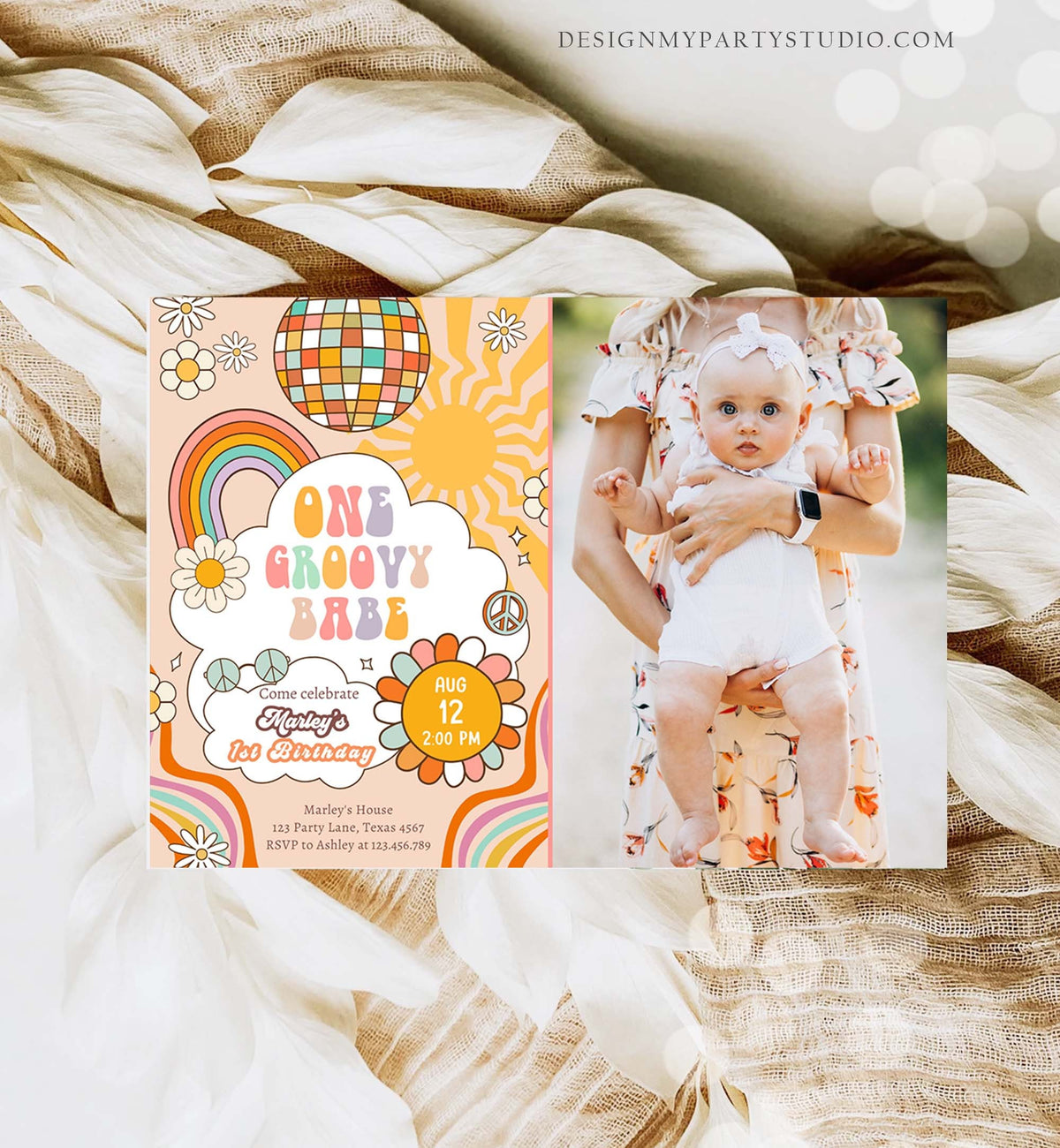Editable Groovy One Retro 1st Birthday Invitation First Birthday One Groovy Babe Peace Love Digital Download Evite Template Printable 0459