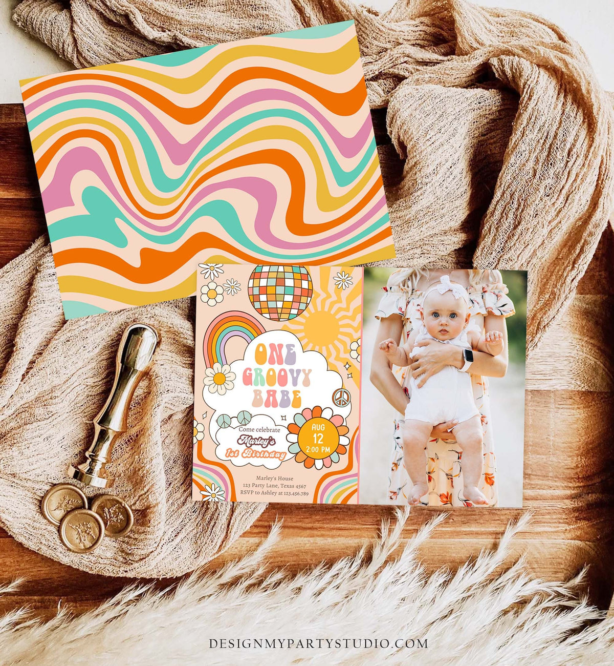 Editable Groovy One Retro 1st Birthday Invitation First Birthday One Groovy Babe Peace Love Digital Download Evite Template Printable 0459