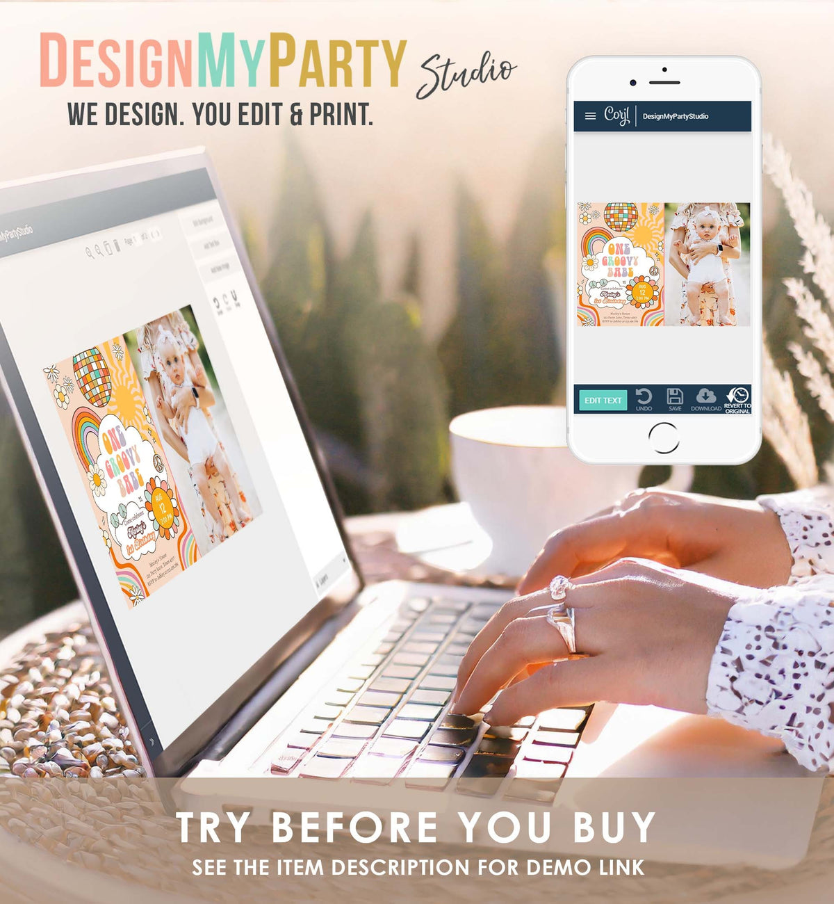 Editable Groovy One Retro 1st Birthday Invitation First Birthday One Groovy Babe Peace Love Digital Download Evite Template Printable 0459