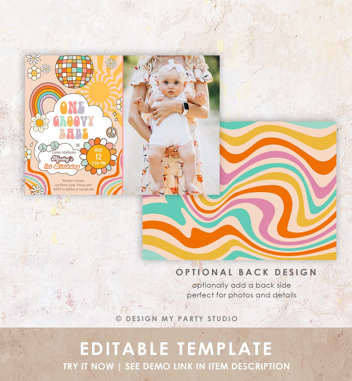 Editable Groovy One Retro 1st Birthday Invitation First Birthday One Groovy Babe Peace Love Digital Download Evite Template Printable 0459