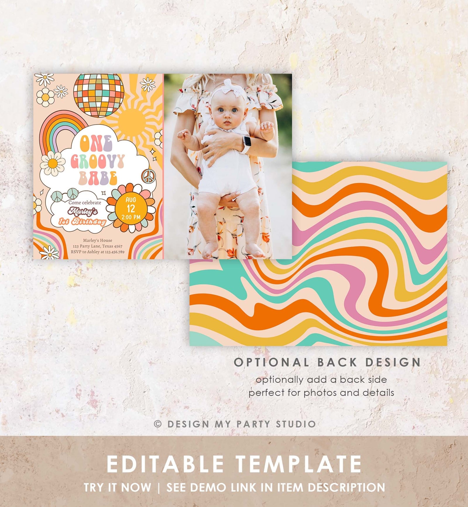 Editable Groovy One Retro 1st Birthday Invitation First Birthday One Groovy Babe Peace Love Digital Download Evite Template Printable 0459