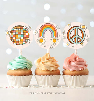 Retro Groovy Birthday Cupcake Toppers Favor Tags Retro Daisy Birthday Party Decor 2nd Flower Power Festival Download Digital PRINTABLE 0459